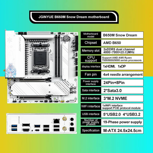 JGINYUE B650M Snow Dream AM5 DDR5 ARGB M-ATX Motherboard For Gaming